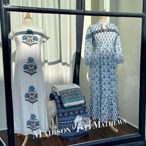 Madison Matthews Olivia Dress in Blue and White Blockprint